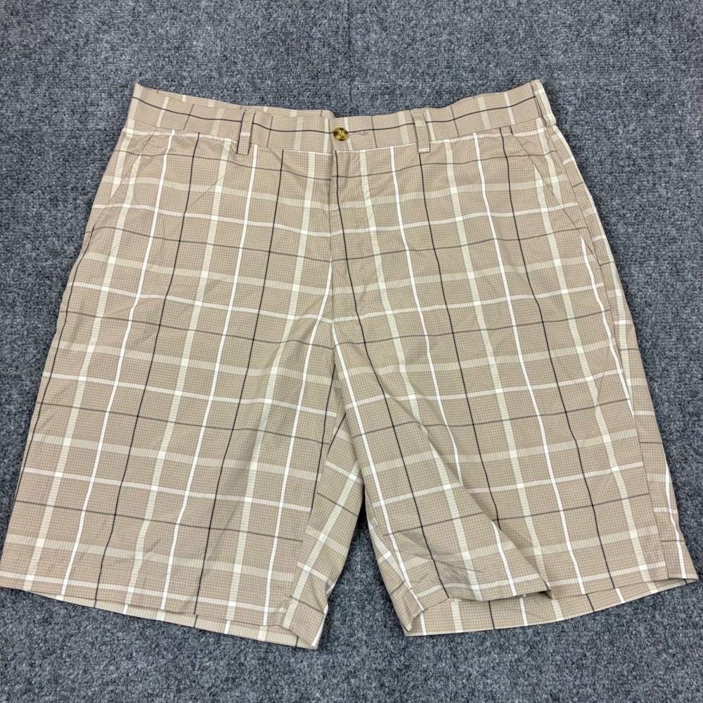 PGA Tour Mens Size W36 Plaid Golf Shorts Tan White Polyester Performance